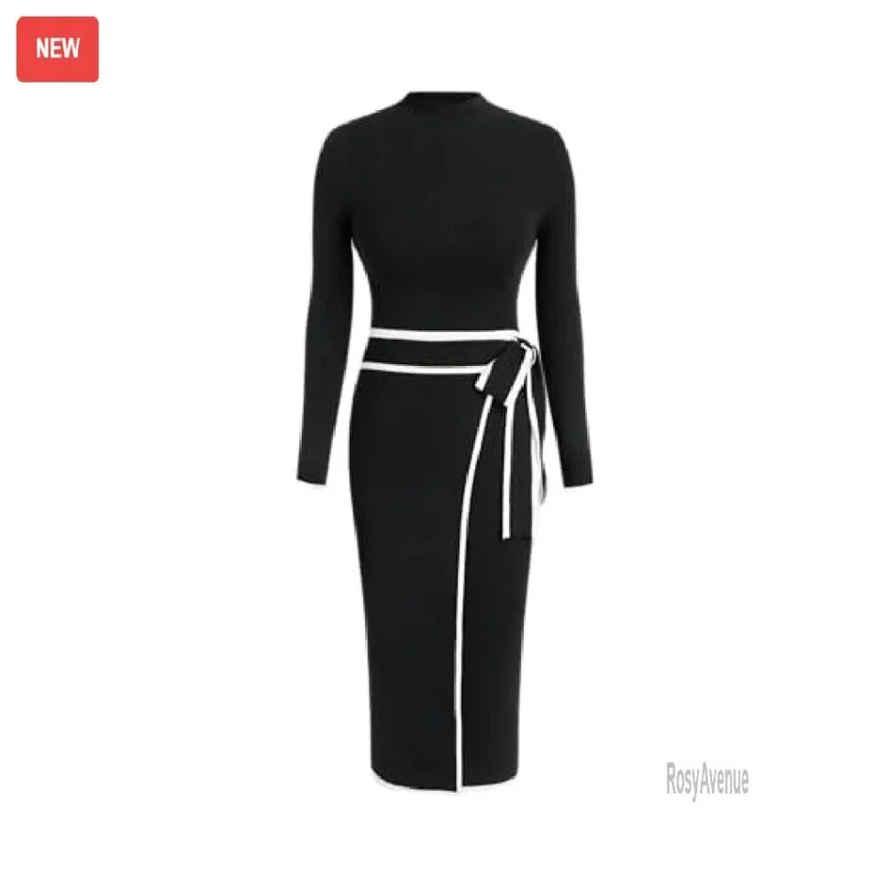 Long Sleeve Mock Turtleneck Sweater Dress Midi Work Dress Slim Fit - Picture 2 of 8